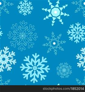 Pattern of different snowflakes on a blue background vector illustration. Winter background with snow. New Year and Christmas seasonal template for wallpaper, packaging and gift.. Pattern of different snowflakes on a blue background vector illustration