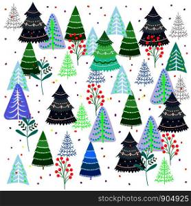 Pattern of fantastic trees on a white background, Christmas fantasies, vector illustration