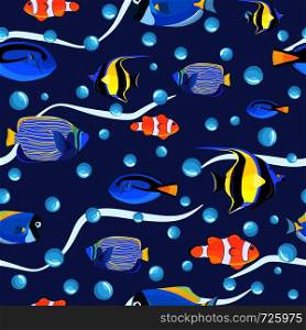 Pattern of fish for textile fabric or book covers, wallpapers, design, graphic art, wrapping. Abstract undersea seamless pattern. Kids background. Fish underwater with bubbles.. Fish underwater with bubbles. Undersea seamless pattern.