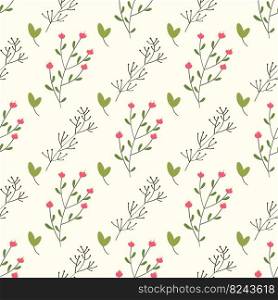 Pattern of flowers and twigs on pale green background. Vector image for use in packaging design or textiles. Pattern of flowers and twigs on pale green background