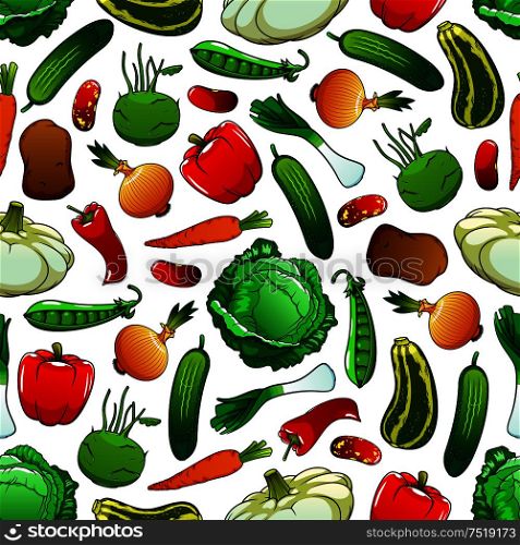 Pattern of fresh vegetables on white background with seamless pepper, onion, cabbage, carrot, bean, potato, cucumber, green pea, zucchini, leek, kohlrabi and pattypan squash vegetables. Seamless pattern of fresh vegetables