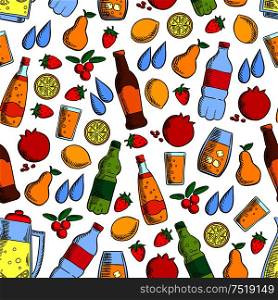 Pattern of fruits and cold drinks with seamless background of soft beverages, juice and water bottles, lemonade jar, fresh strawberry, lemon, pear, pomegranate and cranberry fruits. Fruits and cold drinks seamless pattern