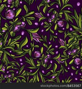 Pattern of green leaves and purple berries on a dark background. Pattern of green leaves and purple berries