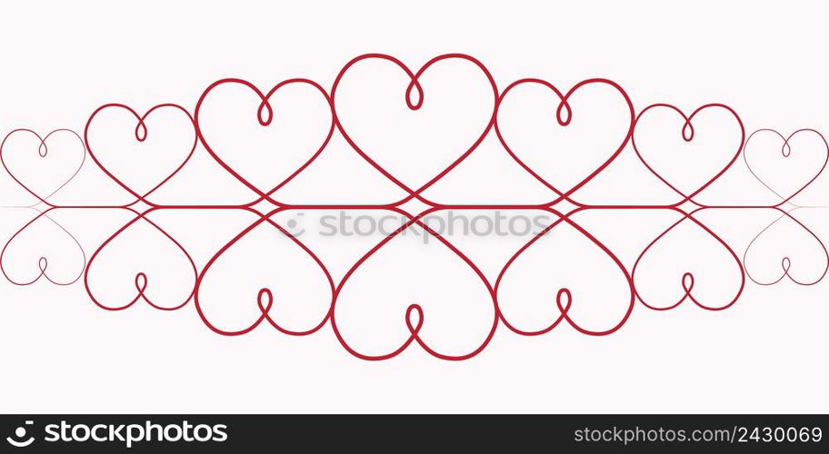 pattern of hearts for Valentine’s day. Vector One Continuous line drawing of red hearts on white background, elegant red vignette, the pattern of the lace header