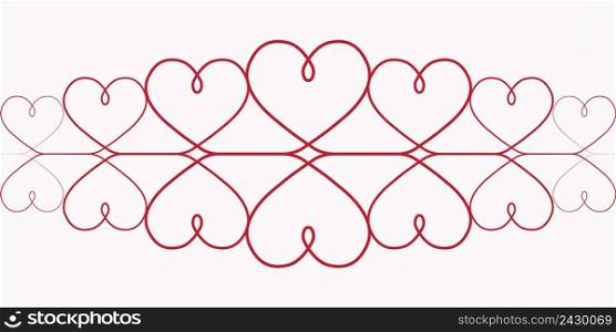 pattern of hearts for Valentine’s day. Vector One Continuous line drawing of red hearts on white background, elegant red vignette, the pattern of the lace header