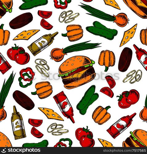 Pattern of homemade cheeseburgers with fresh vegetables and condiments. Seamless background of cheeseburgers with cheese and meat, tomatoes and cucumbers, peppers and onions vegetables, ketchup and mustard bottles. Seamless cheeseburgers with ingredients pattern