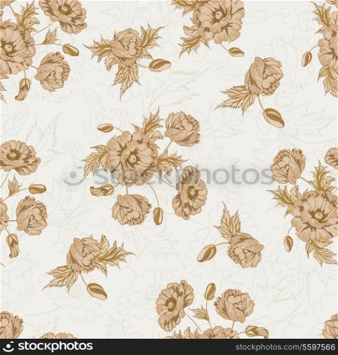 Pattern of poppy flowers on a sepia background. Vector illustration.