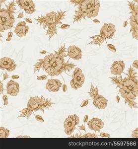 Pattern of poppy flowers on a sepia background. Vector illustration.