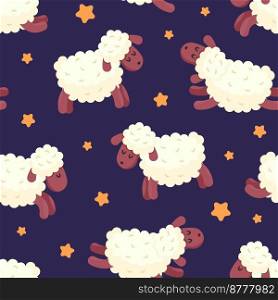 Pattern of sheeps in different poses on night background with stars. Count sheep jumping over the fence before bed. Funny lambs. Dream, relax, counting, insomnia, baby sleep, sleeplessness. Vector
