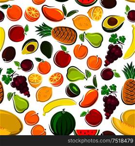 Pattern of sweet fruits with seamless background of orange, apple, plum, banana, mango, peach, lemon, grain, pineapple, kiwi, watermelon, avocado pear and melon Agriculture and food design. Sweet and fresh fruits seamless pattern background