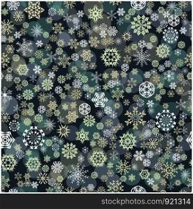 pattern of white snowflakes and colorful circles on a dark background