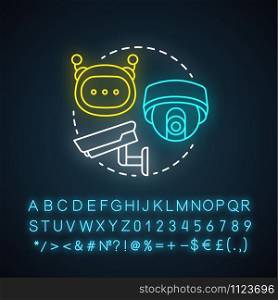 Pattern recognition system neon light concept icon. Robotic surveillance idea. Innovative cctv cameras. Special futuristic electronics. Glowing sign with alphabet. Vector isolated illustration