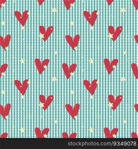 Pattern red heart and gold stars on li≠n texti≤, blue background.