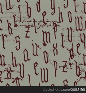 Pattern seamless Gothic style alphabet calligraphy, lettering. Illegible text, ink stains, wine. European Medieval latin letters. Vector background for wrapping paper, packaging, textile. Pattern seamless Gothic style alphabet calligraphy, lettering. Illegible text, ink stains, wine. European Medieval latin letters. Vector background