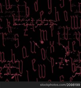 Pattern seamless Gothic style alphabet calligraphy, lettering. Illegible text, ink stains, wine. European Medieval latin letters. Vector background for wrapping paper, packaging, textile. Pattern seamless Gothic style alphabet calligraphy, lettering. Illegible text, ink stains, wine. European Medieval latin letters. Vector background