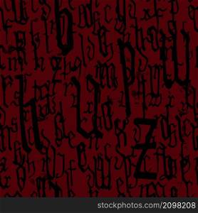 Pattern seamless Gothic style alphabet calligraphy, lettering. Ink stains, wine. European Medieval latin letters. Vector background for wrapping paper, packaging, textile. Pattern seamless Gothic style alphabet calligraphy, lettering. Ink stains, wine. European Medieval latin letters. Vector background