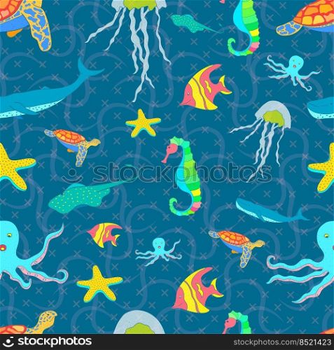 pattern seamless set of sea animal. world ocean day. doodle hand drawing colorful design style. vector illustration eps10