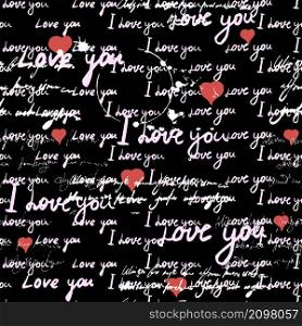 Pattern seamless, text I love you, hand written words, pink hearts. Sketch, doodle, lettering, happy valentines day. Vector illustration black background for wrapping paper, greeting cards, invitations. Pattern seamless, text I love you, hand written words, pink hearts. Sketch, doodle, lettering, happy valentines day. Vector illustration black background