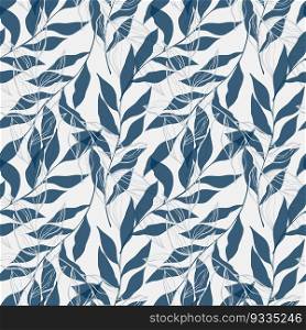 Pattern seamless with blue hand drawn leaves, boho style