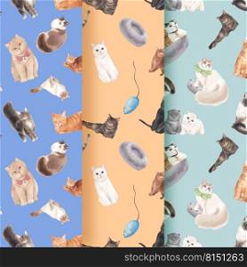 Pattern seamless with cute cat concept watercolor illustration 