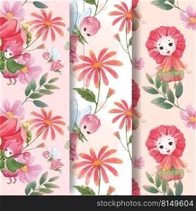 Pattern seamless with floral character concept design watercolor illustration 