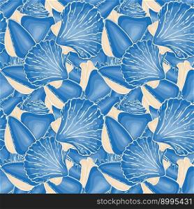Pattern Seashell hand drawn doodle drawing, blue and beige colors.