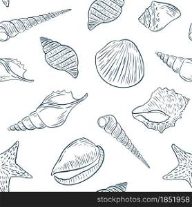 Pattern seashells sketch hand drawing, vector illustration. Seamless background with marine life. Set of contours of molluscs on a white background. Template for the design of wallpaper, packaging, fabric.. Pattern seashells sketch hand drawing, vector illustration.