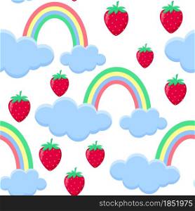 Pattern strawberry falls from the clouds on a background of rainbows, vector illustration. A tiny rainbow with blue clouds and juicy red strawberries. Background with berries. Unusual food template.. Pattern strawberry falls from the clouds on a background of rainbows, vector