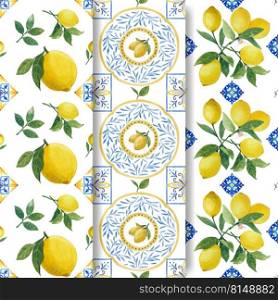 Pattern template with Italian tile design watercolor vector illustration 