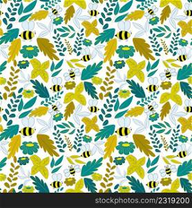 Pattern with bees, leaves and flowers. Seamless background in green and yellow colors. Vector illustration for wrapping paper, textiles, clothing, baby supplies.. Seamless background in green and yellow colors.