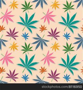 Pattern with Cannabis blue, green, yellow, purple, pink color leaves, marijuana plants colorful floral seamless vector background design