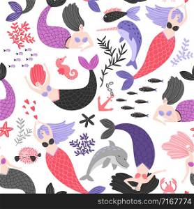 Pattern with cartoon mermaids and sea animals, vector illustration. Cartoon mermaids and sea animals pattern