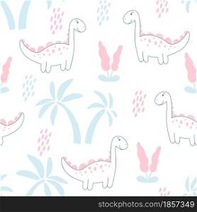 Pattern with dinosaurs and palms vector illustration. Seamless cute baby background. Template for children's clothing, packaging, fabric, wallpaper. Animals are pastel light colors.
