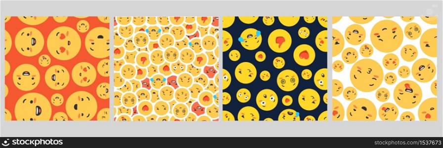 Pattern with emoticons, seamless. The concept of various happy and funny emojis, colorful and positive, kiss, wink, love, approval. Suitable for printing, wallpaper, textiles.. Pattern with emoticons, seamless. The concept of various happy and funny emojis