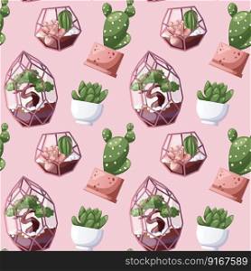 Pattern with florarium with succulents in glasshouse, cactus in pot. Indoor potted house plant in flowerpot. Home garden, greenhouse, gardening lover. Domestic store wallpaper, scrapbooking, textile
