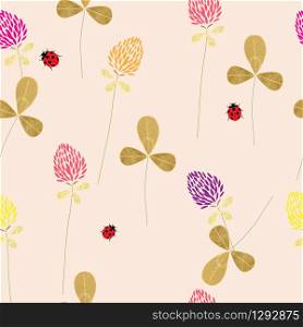 Pattern with flowers and leaves of clover, as well as with insects, Botany. Seamless pattern for Wallpaper, web page background fill pattern, surface textures. Vector illustration