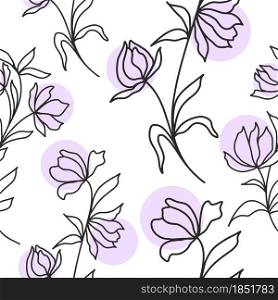 Pattern with flowers and spots, vector illustration. Seamless floral background. Template for design and packaging with simple lines. Minimalistic style.. Pattern with flowers and spots, vector illustration.
