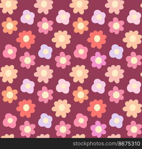 Pattern with gentle simple hand drawn flowers in row on dark pink background. Vector tender cartoon ditsy background. Naive pastel floral texture for childrens fabrics and wallpapers. Pattern with gentle simple hand drawn flowers in row on dark pink background. Vector tender cartoon ditsy background. Naive pastel floral texture