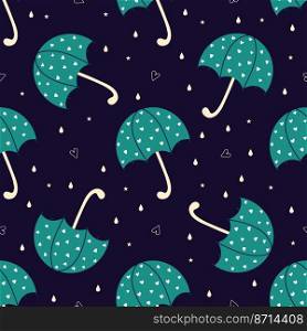 pattern with green umbrellas and hearts on a blue surface. Cute autumn pattern with an umbrella. umbrella and hearts pattern vector design. vector illustration 