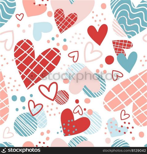 Pattern with hand drawn hearts. Abstract seamless pattern in minimalism style. Creative scandinavian texture for fabric, wrapping, textile, wallpaper, apparel. Vector illustration in trendy colors.. Seamless pattern with red and blue hearts vector