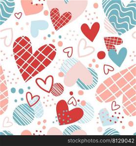 Pattern with hand drawn hearts. Abstract seamless pattern in minimalism style. Creative scandinavian texture for fabric, wrapping, textile, wallpaper, apparel. Vector illustration in trendy colors.. Seamless pattern with red and blue hearts vector