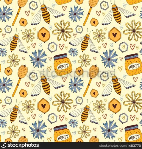 Pattern with honey and bees. Seamless vector background for honey design. Wrapping paper for homemade products. Foral print for packaging. Pattern with honey and bees. Seamless vector background for honey design. Wrapping paper for homemade products. Foral print for packaging.