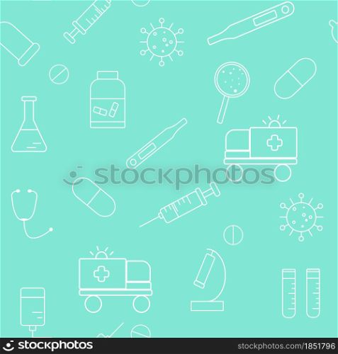 Pattern with medical supplies, vector illustration. Seamless pattern with white elements of medicine on a mint background.. Pattern with medical supplies, vector illustration.