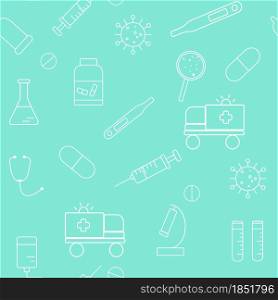 Pattern with medical supplies, vector illustration. Seamless pattern with white elements of medicine on a mint background.. Pattern with medical supplies, vector illustration.