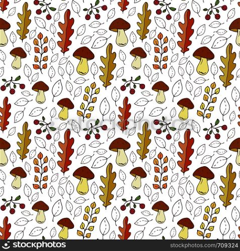 Pattern with mushrooms, berries and autumn leaves. Seasonal seamless background. Vector illustration. Pattern with mushrooms, berries and autumn leaves. Seasonal seamless background. Vector illustration.