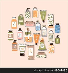 Pattern with organic cosmetics. A set of bottles and tubes, jars for skin care with face, hair and body cream. Fashion style for postcards, banners, templates. Vector illustration. Pattern with organic cosmetics. A set of bottles and tubes, jars for skin care with face, hair and body cream. Fashion style for postcards, banners, templates. Vector illustration.