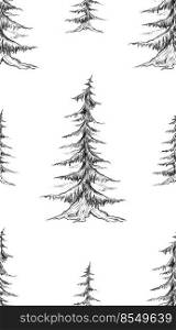 Pattern with pencil sketch fir trees on a white background. Natural texture with pines. Rustic forest background.. Pattern with pencil sketch fir trees on a white background. Natural texture with pines.