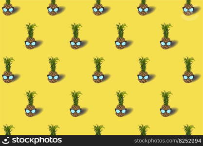 Pattern with pineapple fruit in a sunglasses - on an pastel yellow background. Black colored glasses. Summer concept - stylish vacation, juicy exotic and tropical fruit. Bright stock vector illustration. Pattern with pineapple fruit in a sunglasses - on an pastel yellow background. Black colored glasses. Summer concept - stylish vacation, juicy exotic and tropical fruit. Bright stock vector illustration.