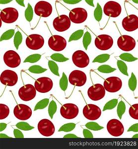 Pattern with ripe red juicy cherries on a white background. Sweet red cherries with leaves and branches on a white surface. Seamless vector texture. Organic food.. Pattern with ripe red juicy cherries