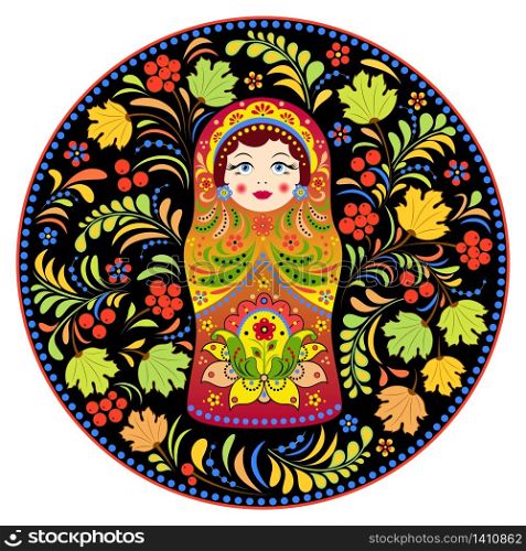Pattern with russian doll matryoshka and abstract flowers.